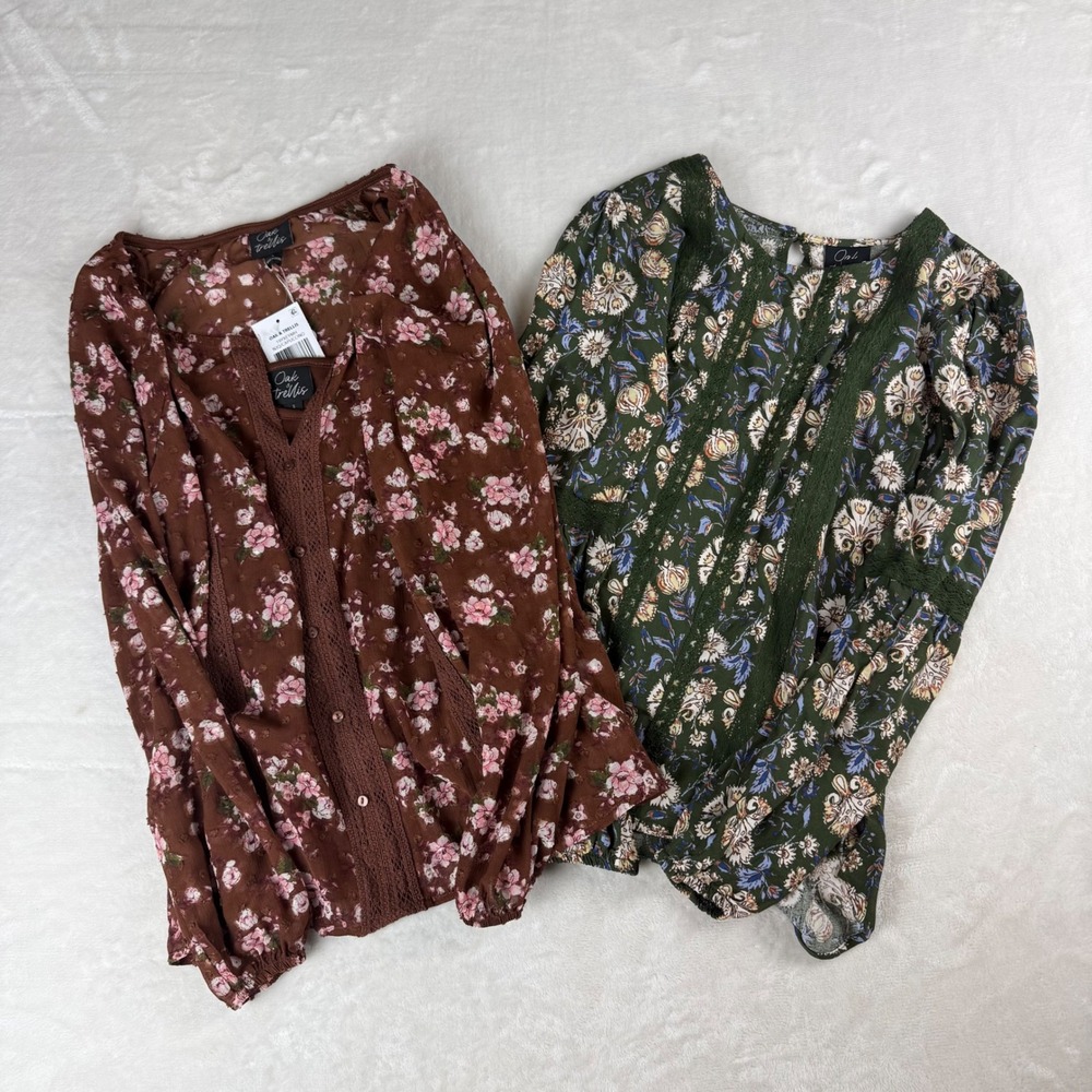 Whimsy Boho Floral Blouse Bundle Womens S Green Brown Crochet Oak & Trellis NWT